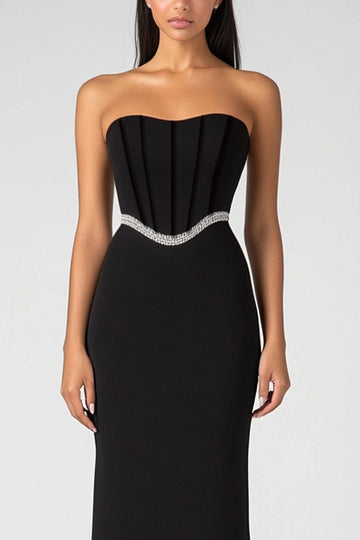 Robe formelle noire sans bretelles corset fourreau à paillettes